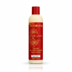 A white and green bottle of Creme of Nature Moisturizing Hair Lotion with the Creme of Nature logo and label visible