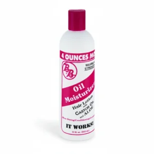 A bottle of Shea Moisture Castor Oil & Aloe Replenishing Hair Lotion with a green and white label. The bottle is filled with a light yellow-colored moisturizing lotion.