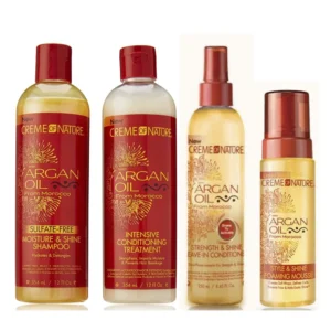 A 354 ml bottle of Creme of Nature Replenishing Shampoo and Conditioner with a white and green label