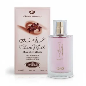 A 50ml glass bottle of Crown Choco Musk perfume, with a black cap and a label featuring the Crown logo and the product name.