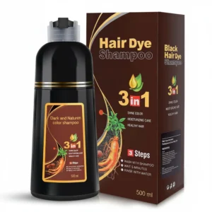 A bottle of Dark and Nature Men Color Shampoo with a black and green label. The bottle has a cream-colored liquid inside.