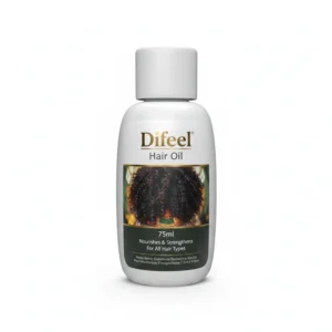 A 75ml bottle of Difeel Premium Natural Hair Oil with a green and white label. The bottle has a pump dispenser.