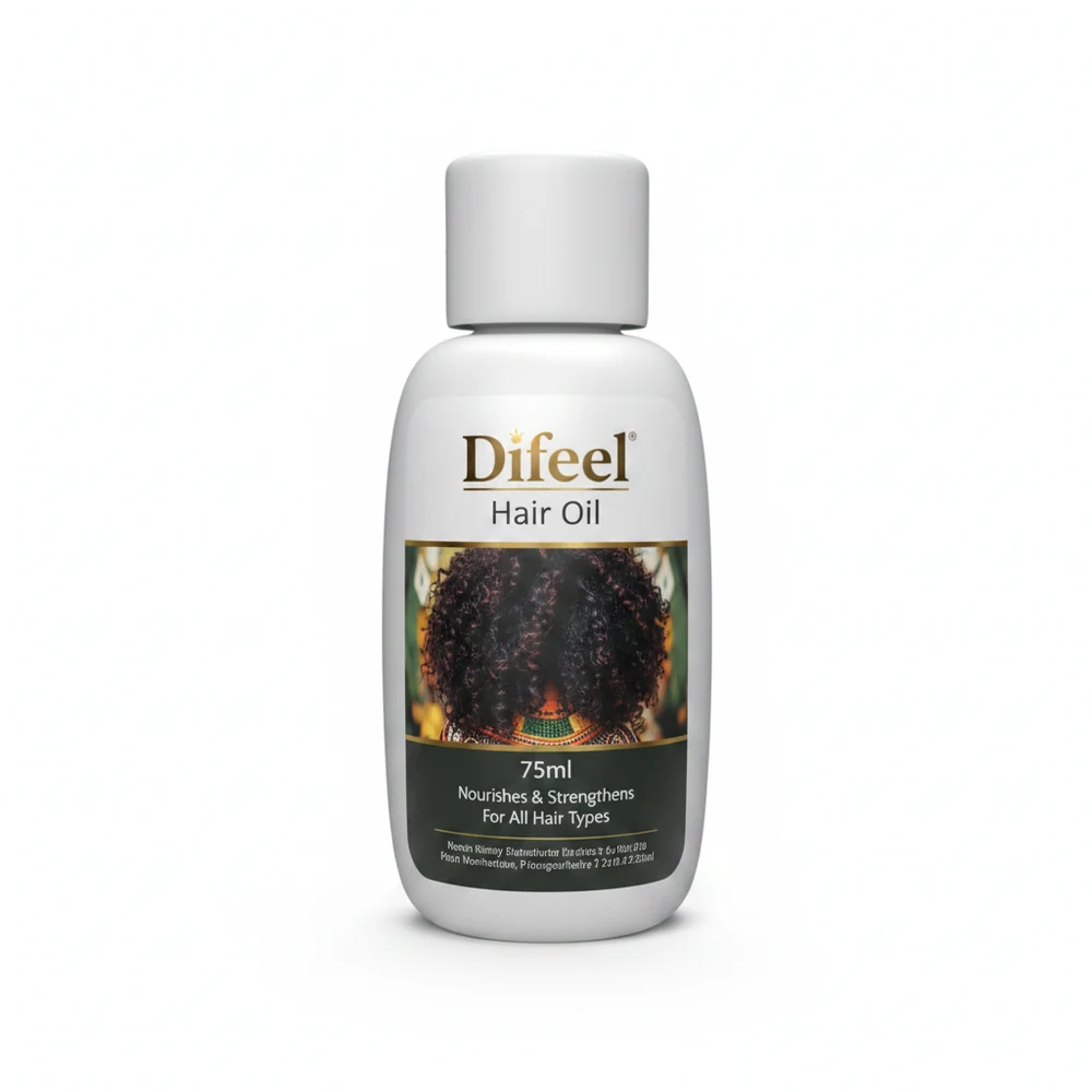 A 75ml bottle of Difeel Premium Natural Hair Oil with a green and white label. The bottle has a pump dispenser.