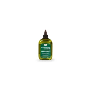 A bottle of Difeel Rosemary & Mint Hair Oil with a green and white label. The bottle has a pump dispenser and contains 237ml of product.