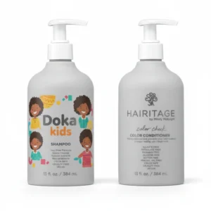 A 16 oz bottle of Doka Kids Replenishing Shampoo & Conditioner with a white and teal label. The bottle has a pump dispenser top.