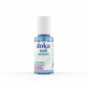 A clear glass bottle with a blue flip-top cap, containing a colorless liquid nail polish remover. The doka logo is printed on the front label.