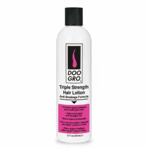 A bottle of Doogro Triple Strength Hair Lotion with a green and white label. The bottle has a pump dispenser and contains 355ml of product.