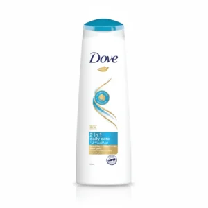 A white bottle with the Dove logo and the text 'Nutritive Solutions Daily Moisture 2-in-1 Shampoo & Conditioner' on the label.