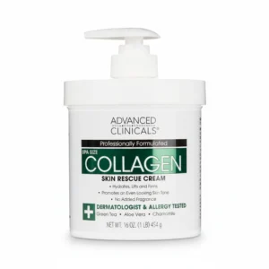 A large white bottle of Advanced Clinicals Collagen Skin Rescue Lotion with a green and white label