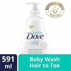A bottle of Dove Baby Replenishing Shampoo in white and blue color, with the Dove logo and product name clearly visible on the label.