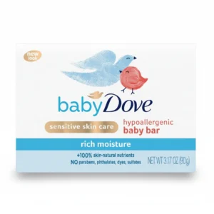 A white bar of DOVE Baby Rich Moisture Soap with the DOVE logo and 'Rich Moisture' text printed on the label.