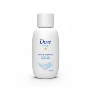 A white bottle of Dove Baby Wash & Shampoo with a blue label. The bottle has a pump dispenser on top.