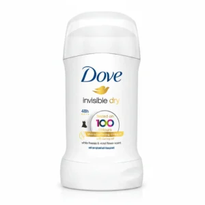 A white deodorant stick with the Dove logo and product name printed on the label