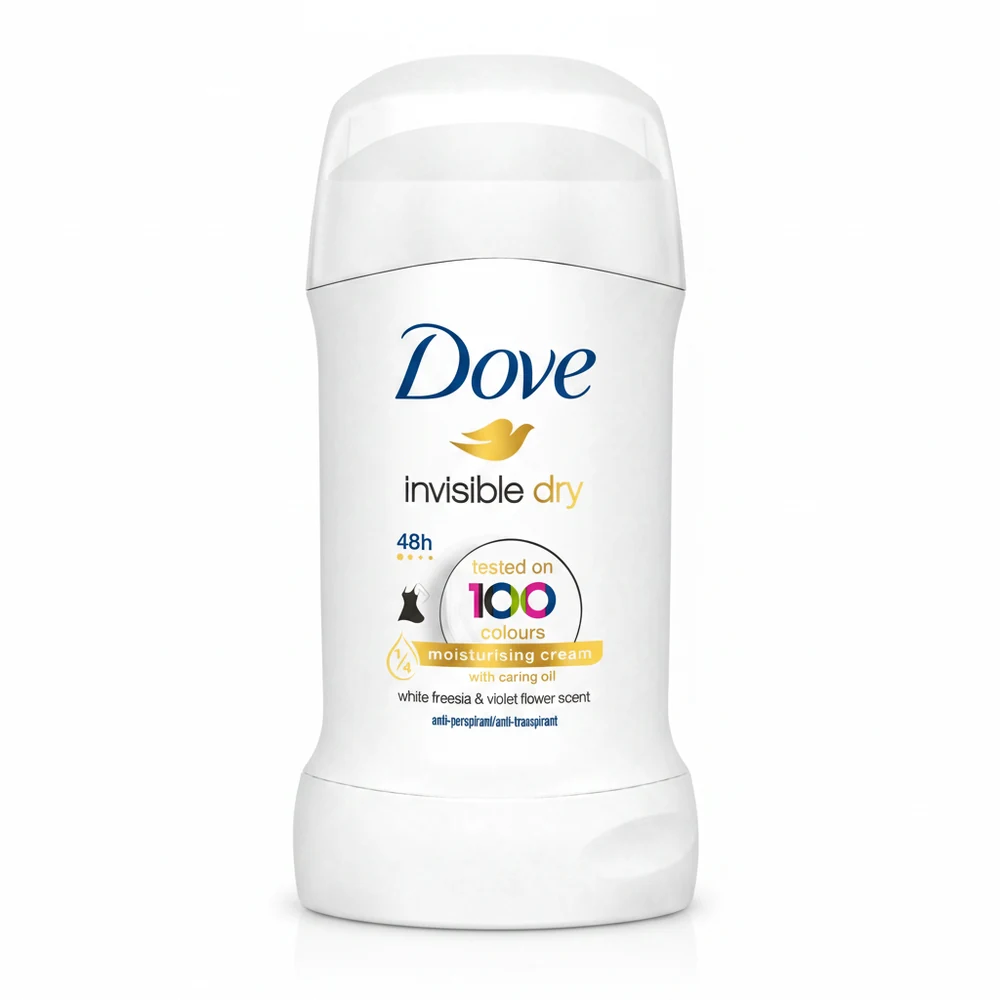 A white deodorant stick with the Dove logo and product name printed on the label