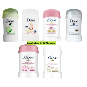 A white deodorant stick with the Dove logo and product name printed on the label