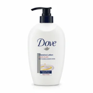 A white bottle of Dove Replenishing Body Lotion with a blue label. The bottle has a pump dispenser on top.