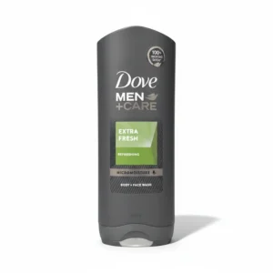 Two bottles of Dove Men + Care Body + Face Wash in blue and white colors. The larger bottle is 400ml and the smaller bottle is 355ml.