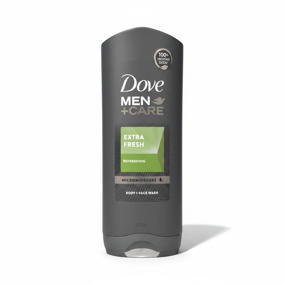 Two bottles of Dove Men + Care Body + Face Wash in blue and white colors. The larger bottle is 400ml and the smaller bottle is 355ml.