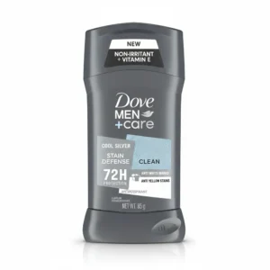 A silver-colored antiperspirant deodorant stick with the Dove Men+Care logo on the label