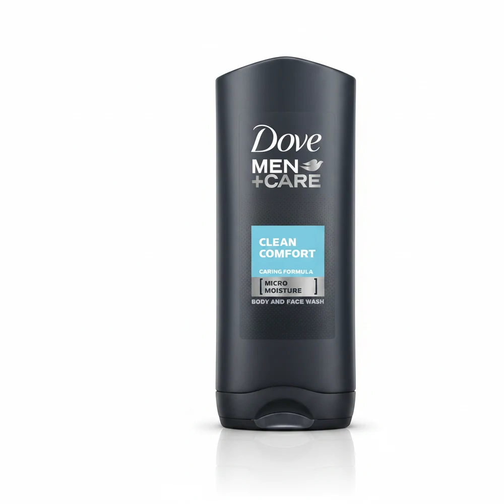 A white and blue bottle of Dove Men+Care Extra Fresh Body and Face Wash. The label displays the Dove logo and product name.