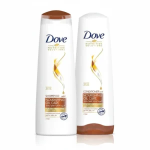 A white and blue bottle of Dove Nutritive Solutions Daily Moisture 2-in-1 Shampoo and Conditioner. The label displays the Dove logo and product name.