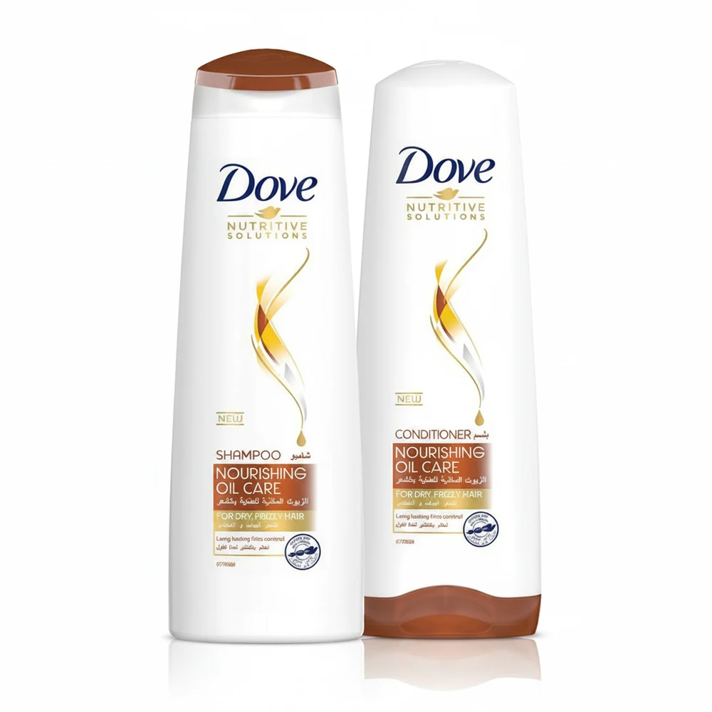 A white and blue bottle of Dove Nutritive Solutions Daily Moisture 2-in-1 Shampoo and Conditioner. The label displays the Dove logo and product name.