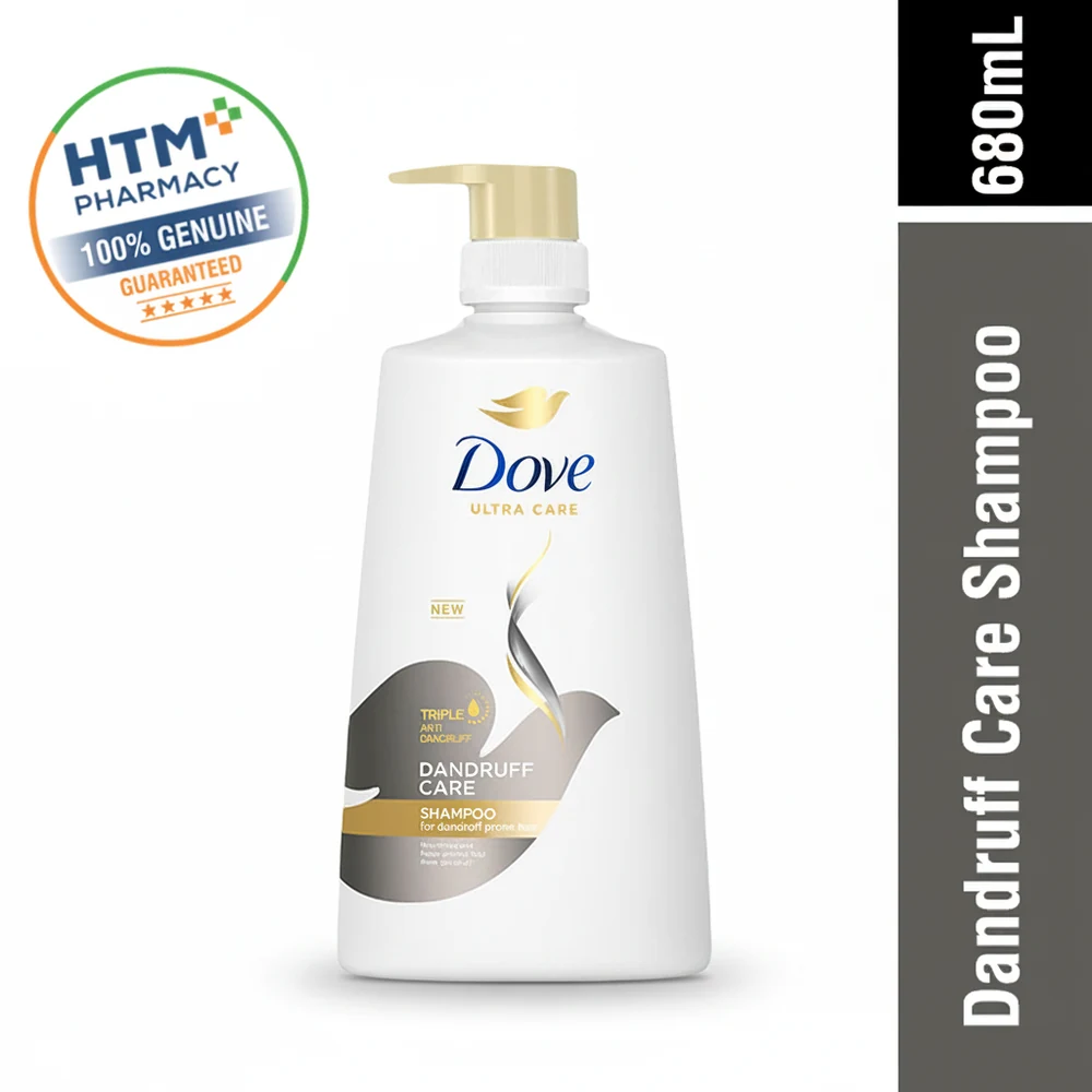 A white bottle with the Dove logo and label, containing a clear liquid shampoo formula.