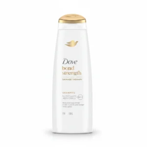 A set of two clear plastic bottles with white and green labels. One bottle is labeled 'Dove Nourishing Shampoo' and the other is labeled 'Dove Nourishing Conditioner'. The bottles are 1.18L in size.