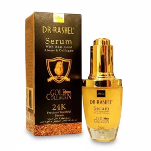 A glass bottle with a gold-colored liquid serum inside. The label features the Dr. Rashel brand name and indicates the product contains 24K gold and collagen.