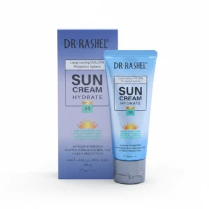 A white and green tube of Dr. Rashel Vitamin C Brightening & Anti-Aging Suncream SPF50 sunscreen with a label showing the product name and details.
