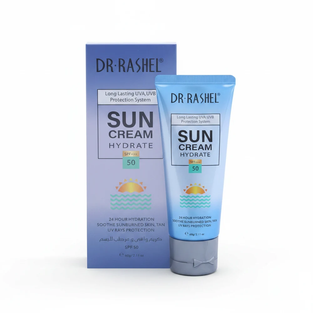 A white and green tube of Dr. Rashel Vitamin C Brightening & Anti-Aging Suncream SPF50 sunscreen with a label showing the product name and details.