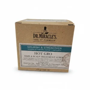 A round bottle with a black label and cap, containing a brown, creamy hair treatment. The label displays the Dr. Miracles brand name and product name.