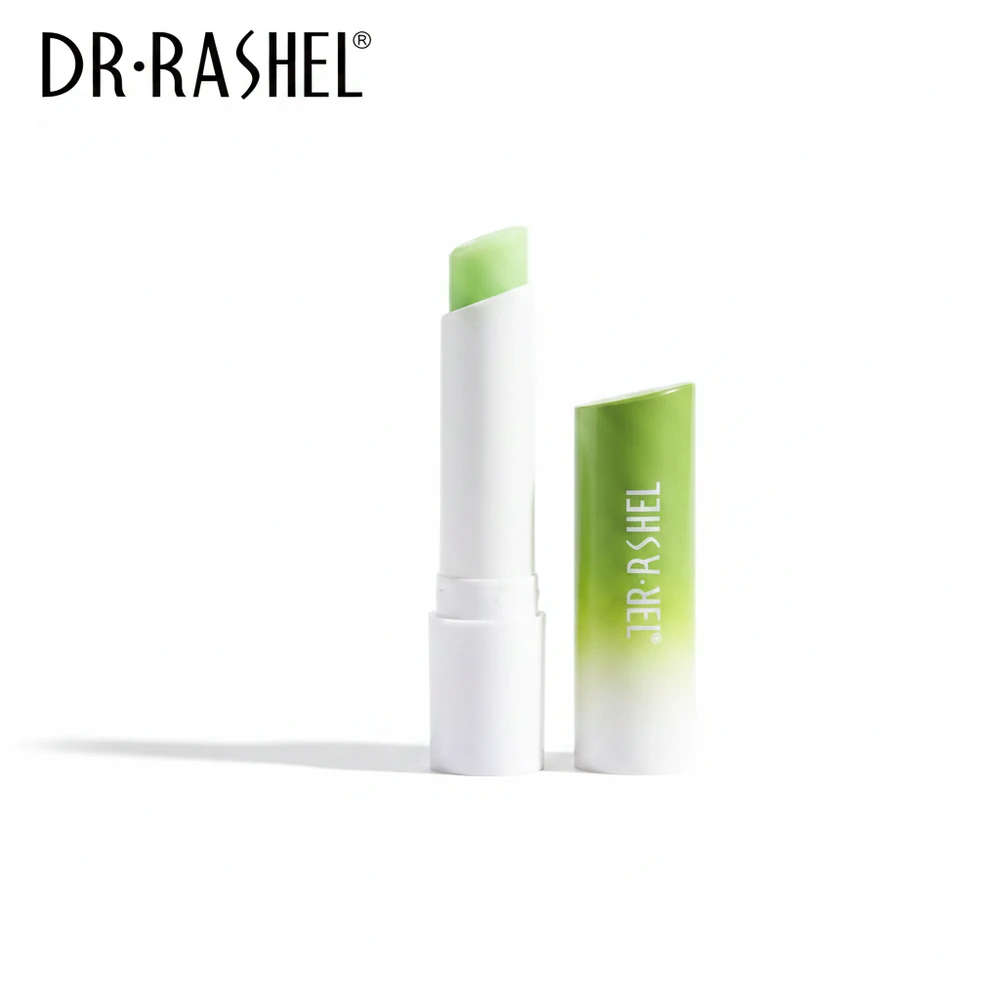 A round, pink-colored lip balm in a clear plastic container with the Dr.Rashel logo and product name on the label.