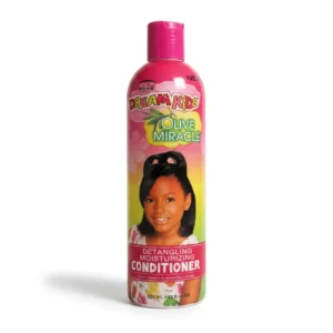 A 15 oz bottle of African Pride Dream Kids Olive Miracle Moisturizing Conditioner. The bottle has a green and white label with the product name and key ingredients like olive oil.