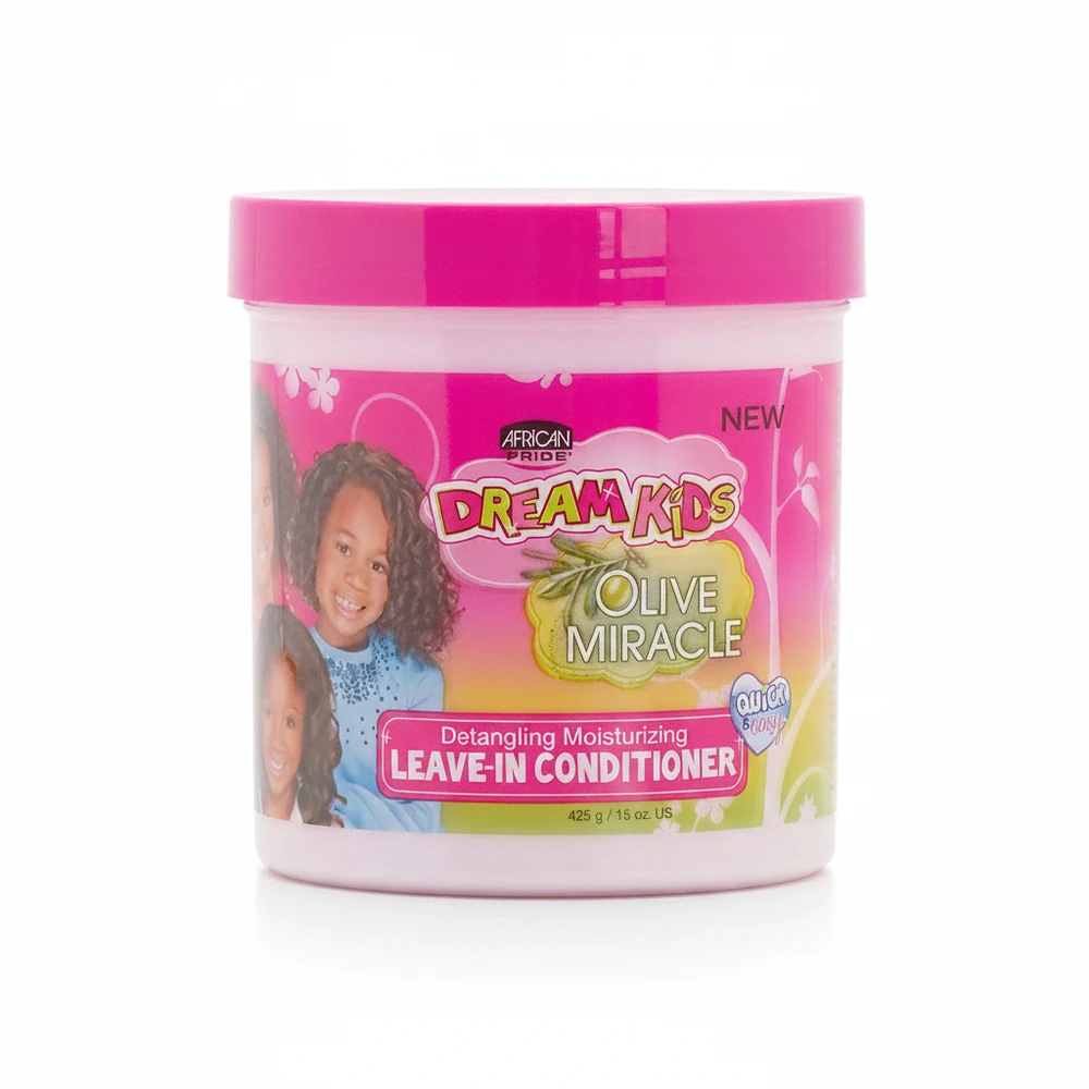 A bottle of Dream Kids Olive Miracle Leave-In Conditioner with a green and white label. The bottle has a pump dispenser and contains 425g of product.
