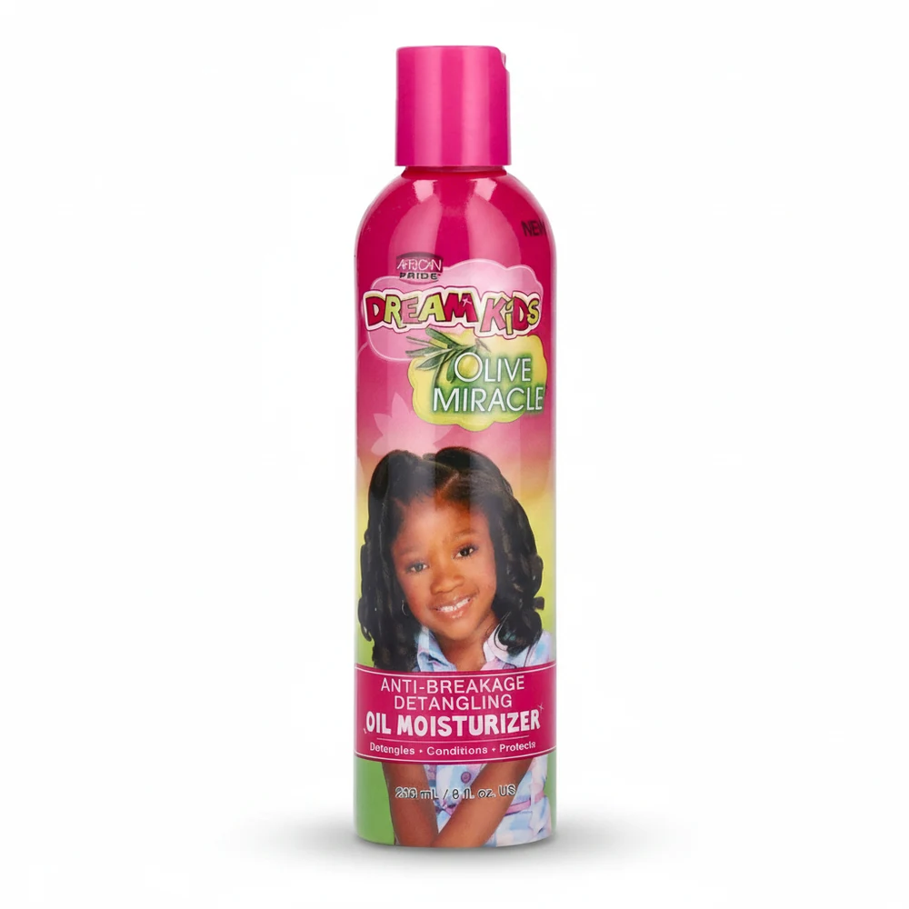 A bottle of Dream Kids Olive Miracle Oil Moisturizer with a green and white label. The bottle has a pump dispenser and contains 236 ml of product.