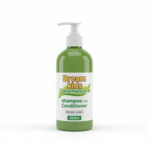 A bottle of Dream Kids Olive Miracle Shampoo & Conditioner with a green and white label. The bottle has a pump dispenser on top.
