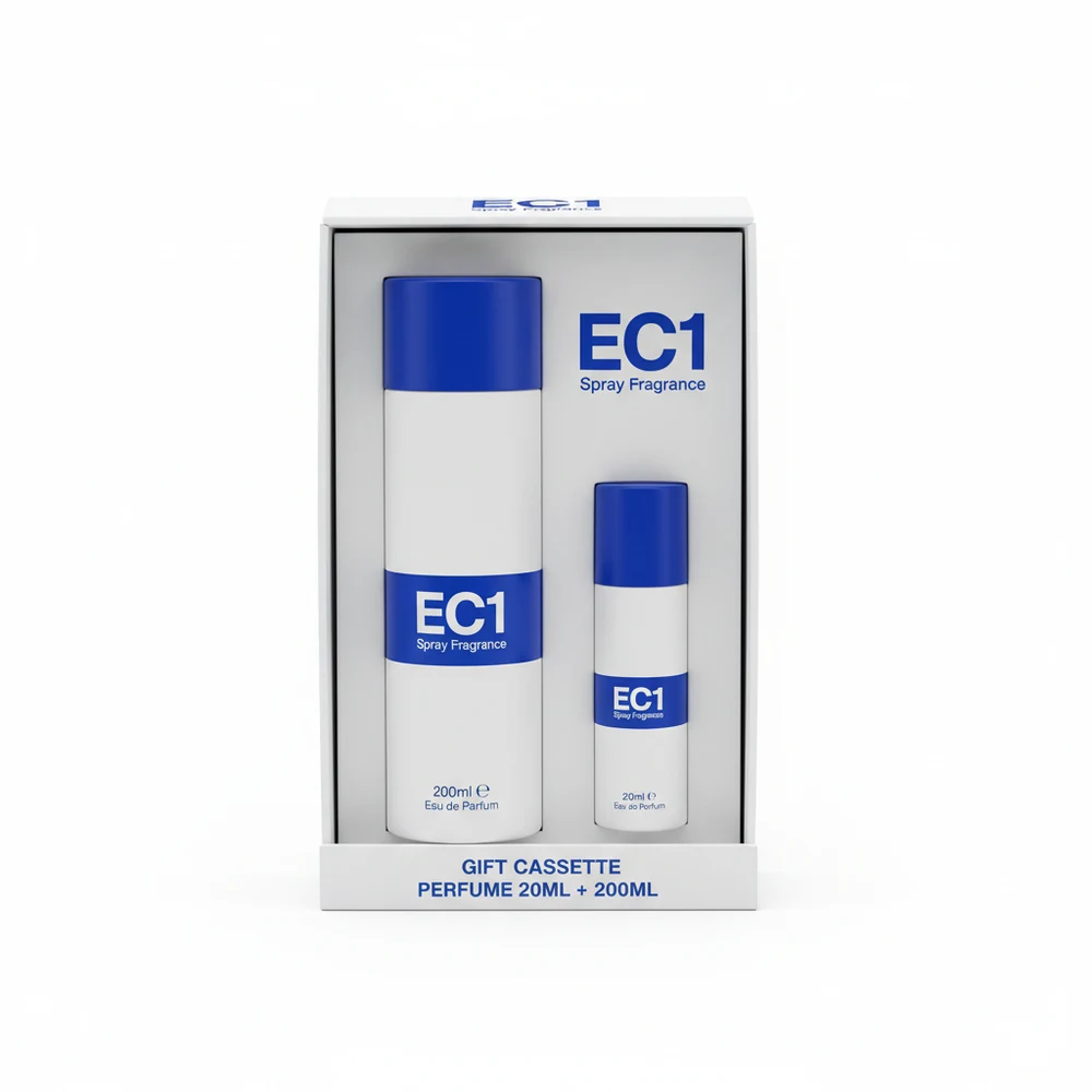 A stylish gift set containing a 20ml perfume bottle and a 200ml body spray bottle, both enclosed in a cassette-inspired cardboard box with the EC1 brand name and logo prominently displayed.