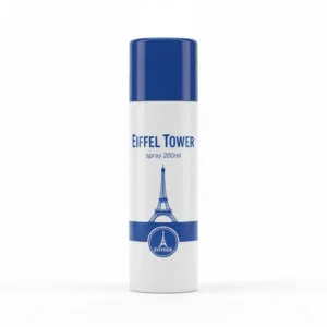 A shimmery, iridescent body mist in a glass bottle with an Eiffel Tower-inspired design on the label
