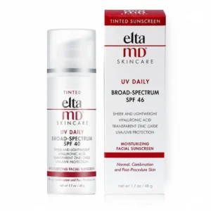 A 0.5 oz bottle of EltaMD UV Clear Tinted Sunscreen in a light beige color. The label has the EltaMD logo and indicates SPF 46 protection.