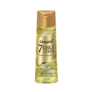 A bottle of Emami 7 in 1 hair oil with a green and white label. The bottle contains 300ml of the hair care product.