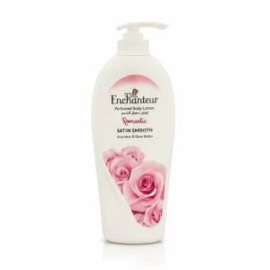 A white bottle with a pink label that says 'Enchanteur Perfumed Body Lotion'. The bottle contains 500ml of product.