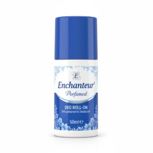 A 50ml bottle of Enchanteur Perfumed Deo Roll On with a white label and pink floral design