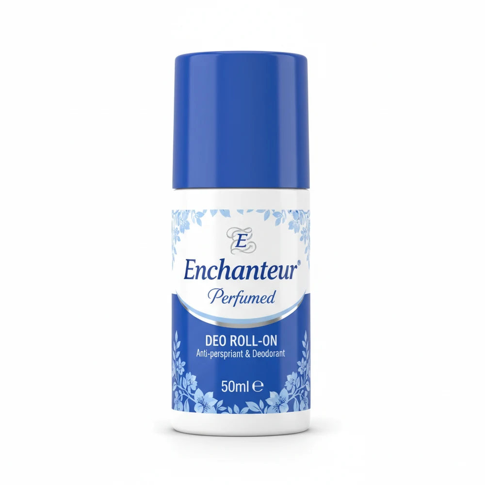 A 50ml bottle of Enchanteur Perfumed Deo Roll On with a white label and pink floral design