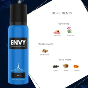 A cylindrical bottle of Envy deodorant spray in a light blue color, with the Envy logo and product name printed on the label.