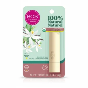 A round, green-colored lip balm container with the EOS logo on the label.