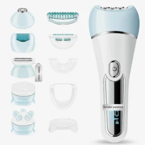A silver and white Philips epilator device with a rounded head and power button