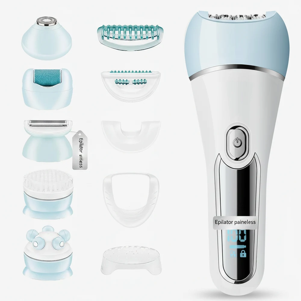 A silver and white Philips epilator device with a rounded head and power button