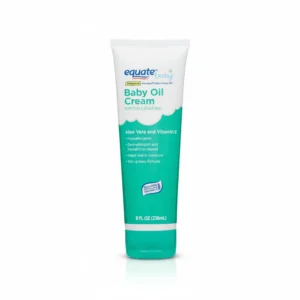 A clear glass bottle with a white label and cap, containing a clear, viscous liquid. The label displays the Equate brand name and indicates that this is a gentle moisturizing baby oil formula.