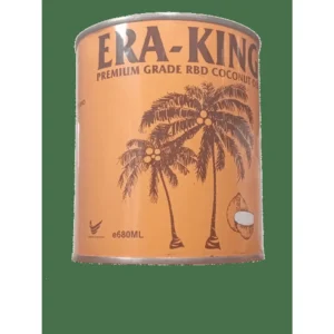A clear glass bottle filled with a creamy white coconut oil. The label features the Era-King brand name and logo.